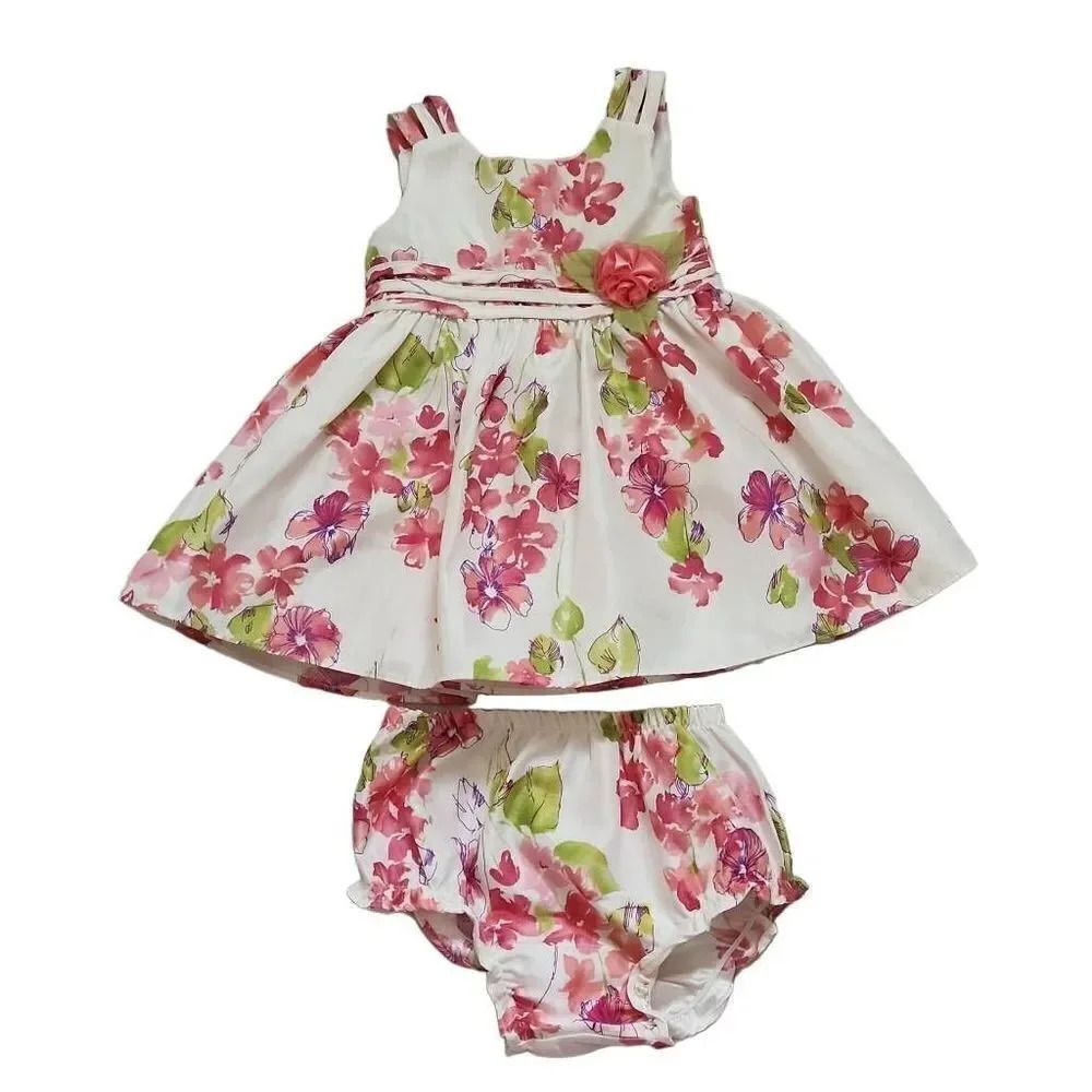 Youngland Baby Girl Size 12 Months Pink Cream Floral 2 Piece Dress Set w/ Cover